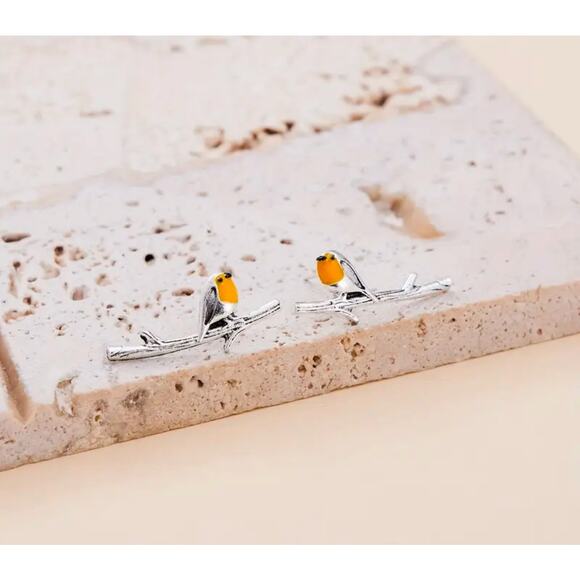 Tiny Bird on a Branch Minimalist Earrings Silver Wren Sparrow NWT Cottagecore - Picture 6 of 7